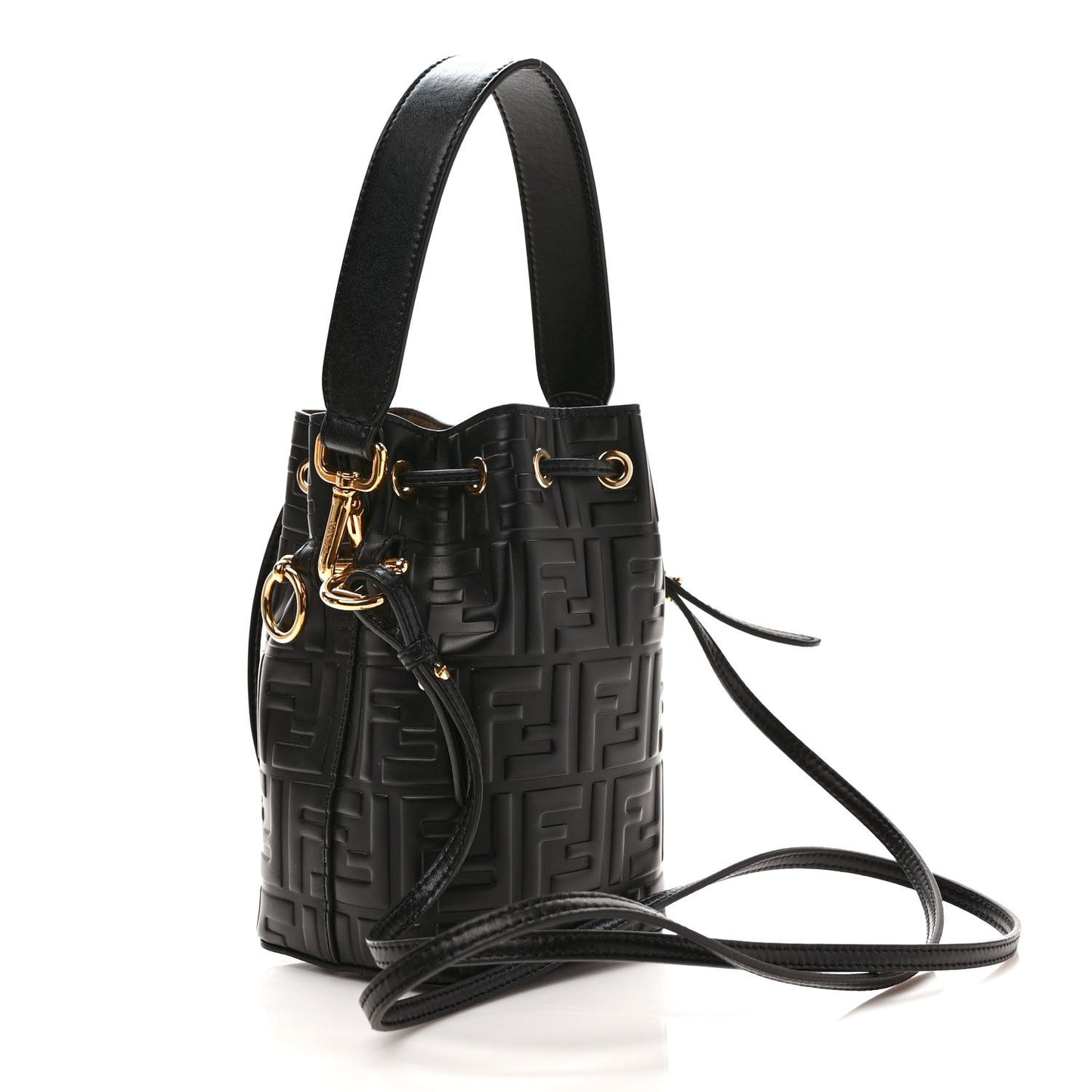 Vitello Liberty F is Fendi FF 1974 Embossed Mini Mon Tresor Bucket Bag Black