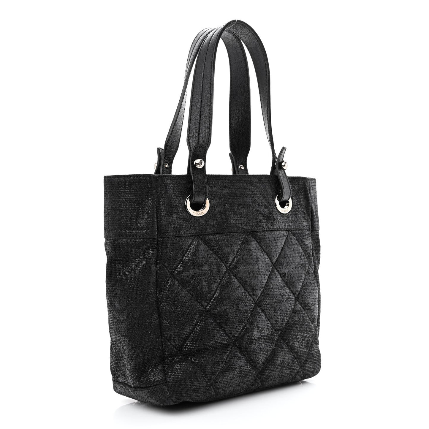 Metallic Coated Canvas Quilted Small Paris Biarritz Tote Black