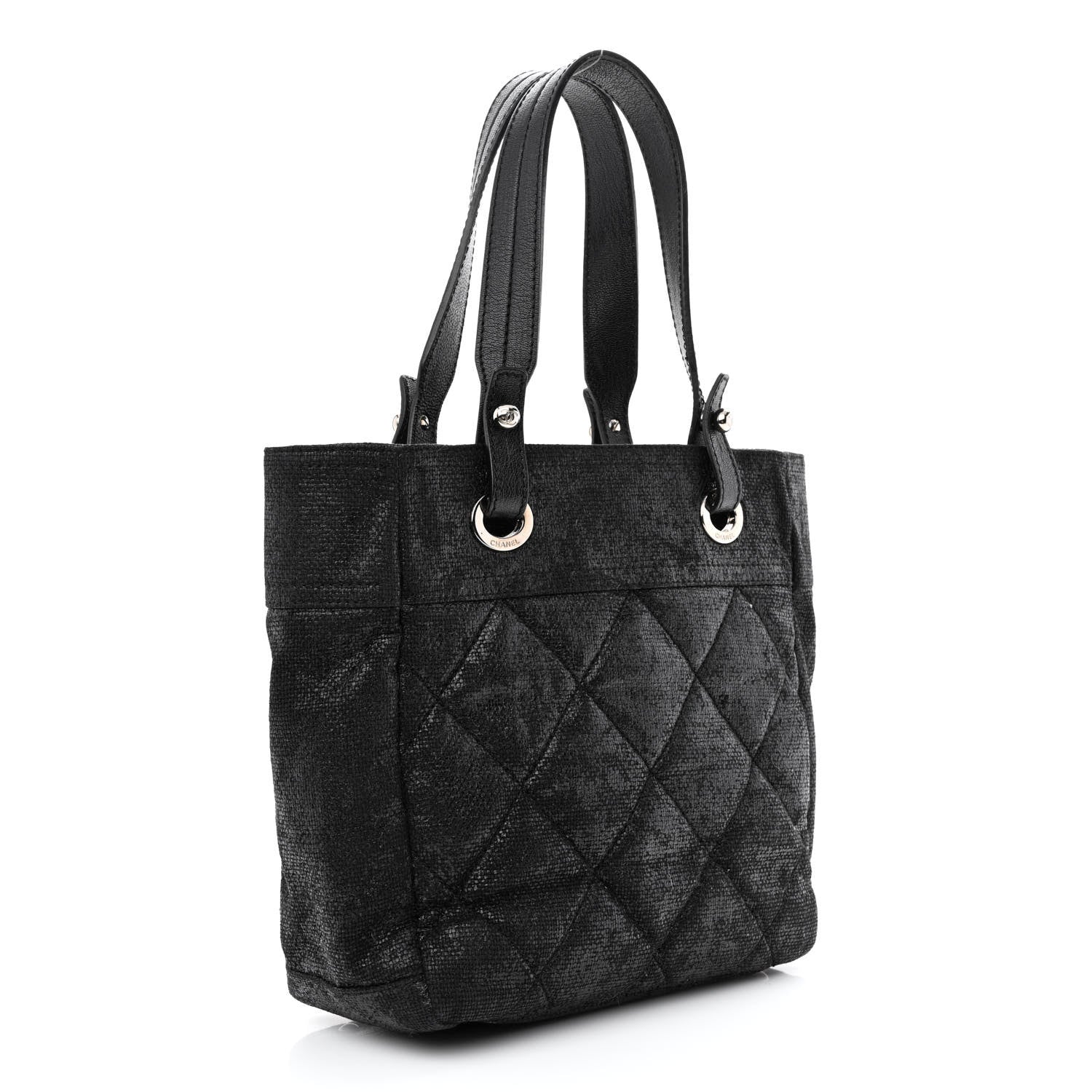 Chanel Metallic Coated Canvas Quilted Small Paris Biarritz Tote Black 3 of 10