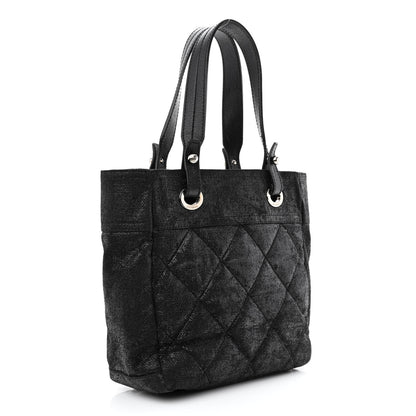 Chanel Metallic Coated Canvas Quilted Small Paris Biarritz Tote Black 3 of 10