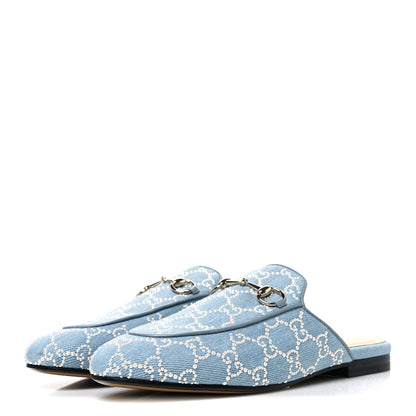 Gucci GG Denim Monogram Pearl Womens Princetown Slippers 38 Light Blue 4 of 10