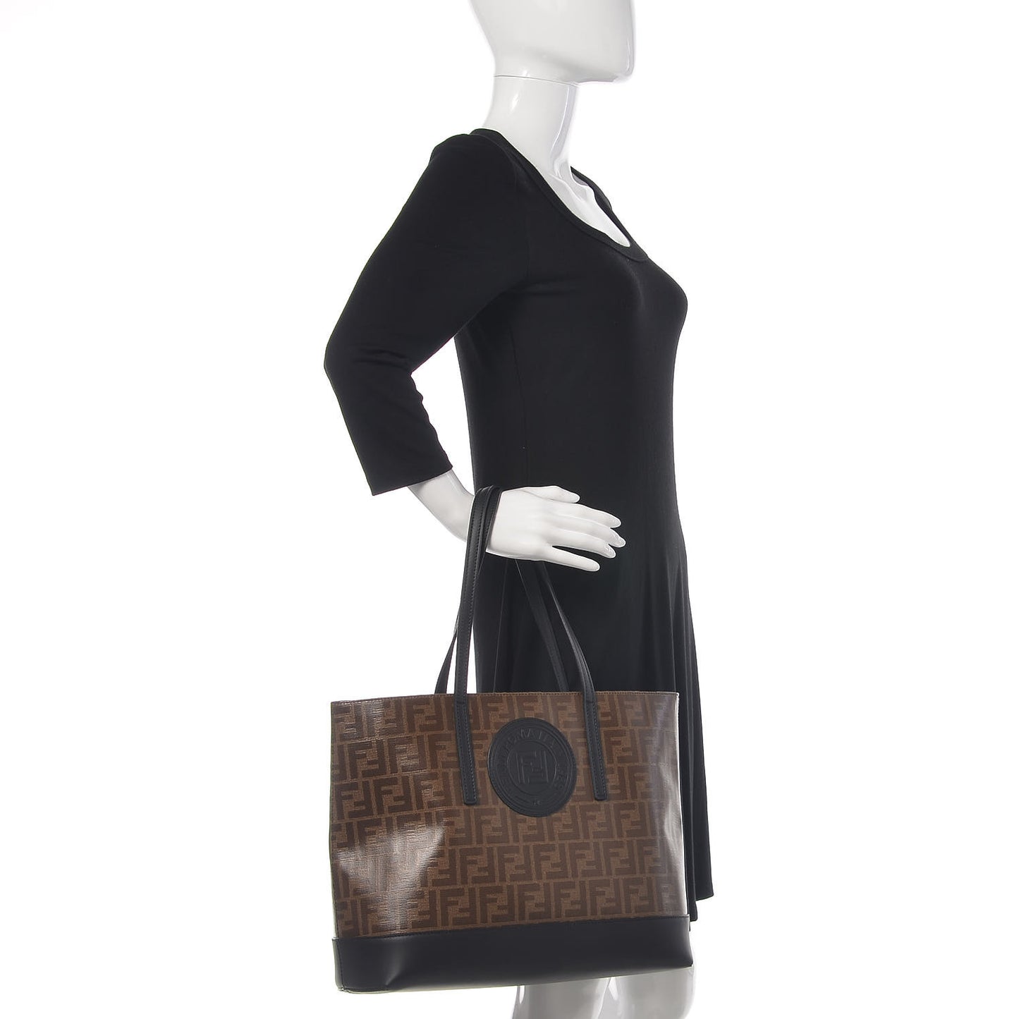 Glazed Fabric Vitello Century FF 1974 Stamp Patch Shopping Tote Mogano Panna Black