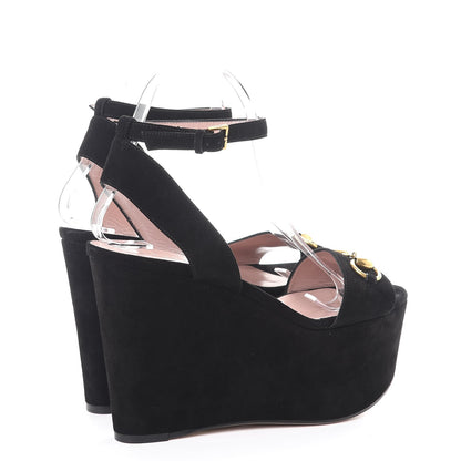 Gucci Kid Scamosciato Liliane Horsebit Platform Wedge Sandals 37 Black 4 of 8
