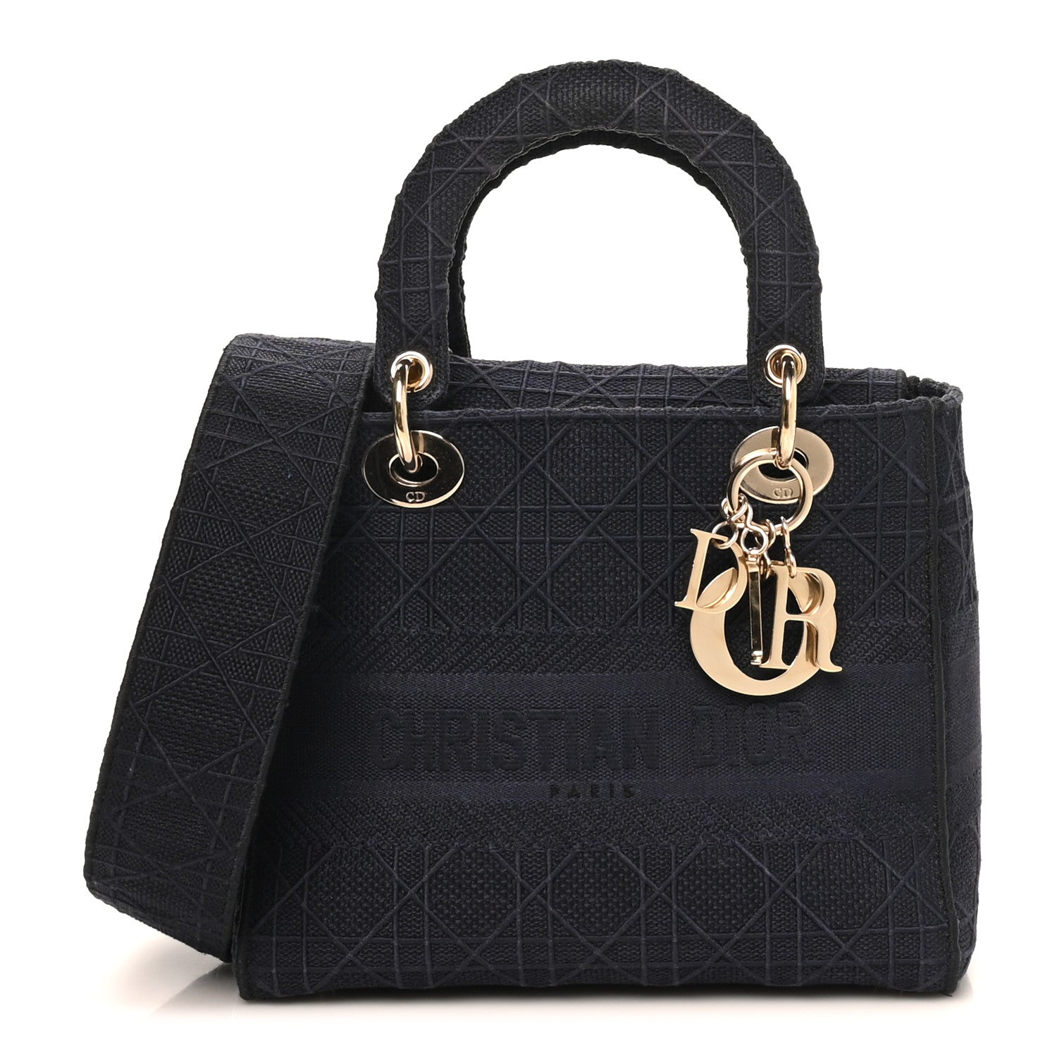 Christian Dior Canvas Embroidered Cannage Medium Lady D-Lite Navy 1 of 9