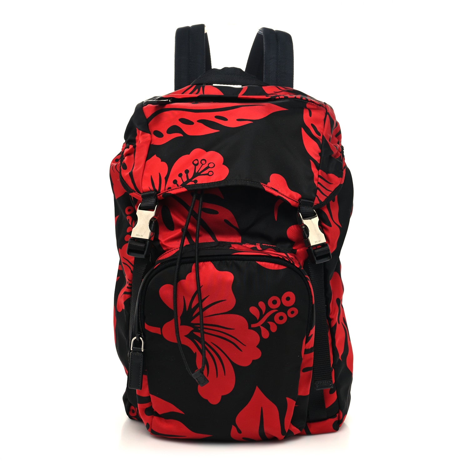 Prada Tessuto Hibiscus Print Double Buckle Backpack Black Rosso 1 of 9
