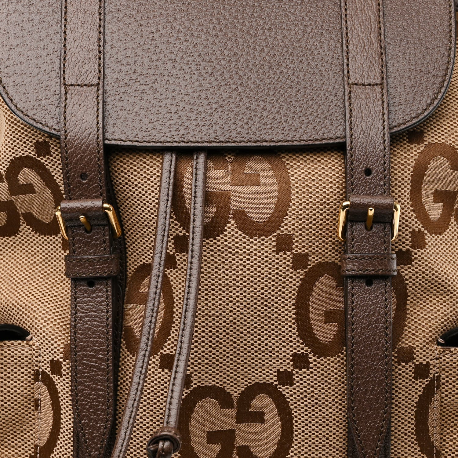 Gucci Monogram Jumbo GG Textured Dollar Calfskin Web Double Buckle Backpack Camel Ebony New Acero 9 of 13