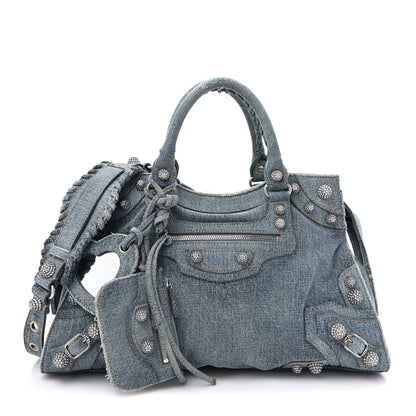 Balenciaga Washed Frayed Denim Crystal Neo Cagole City Handbag Blue 3 of 11