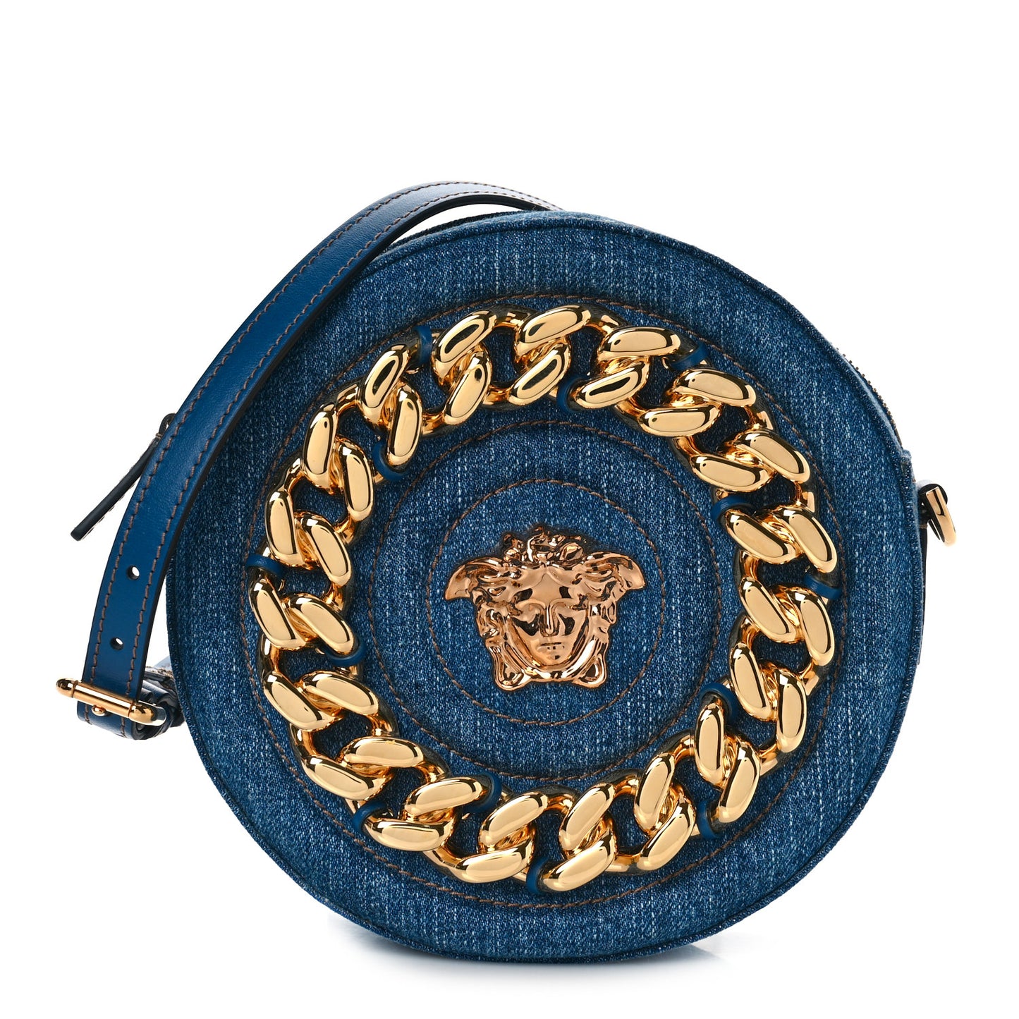 Denim Mini La Medusa Chain Round Crossbody Bag Navy Blue