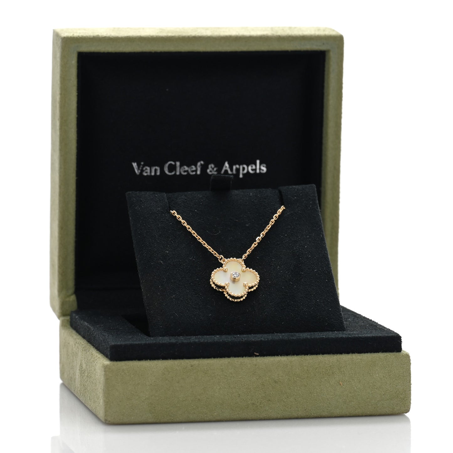 18K Yellow Gold Diamond Yellow Mother of Pearl Vintage Alhambra Pendant Necklace