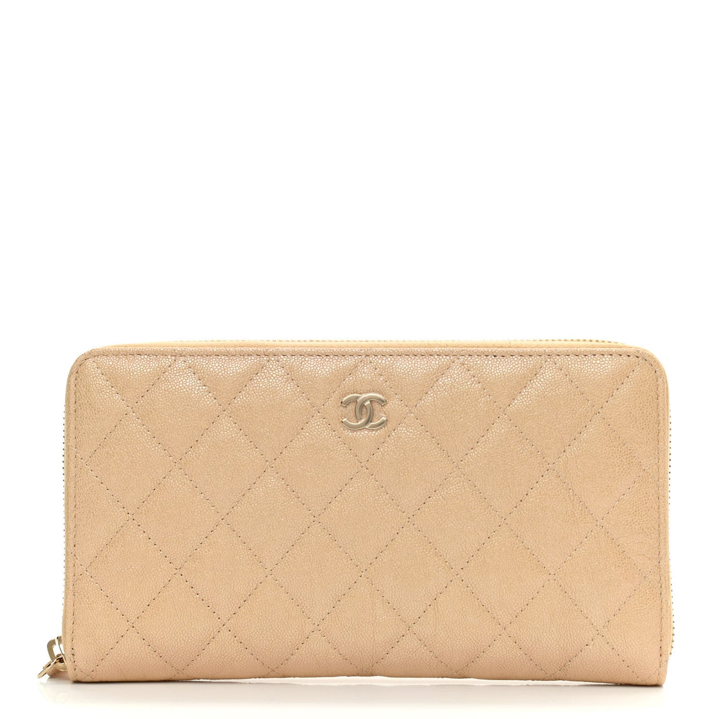 Iridescent Caviar Quilted Large Zip Around Organizer Wallet Beige