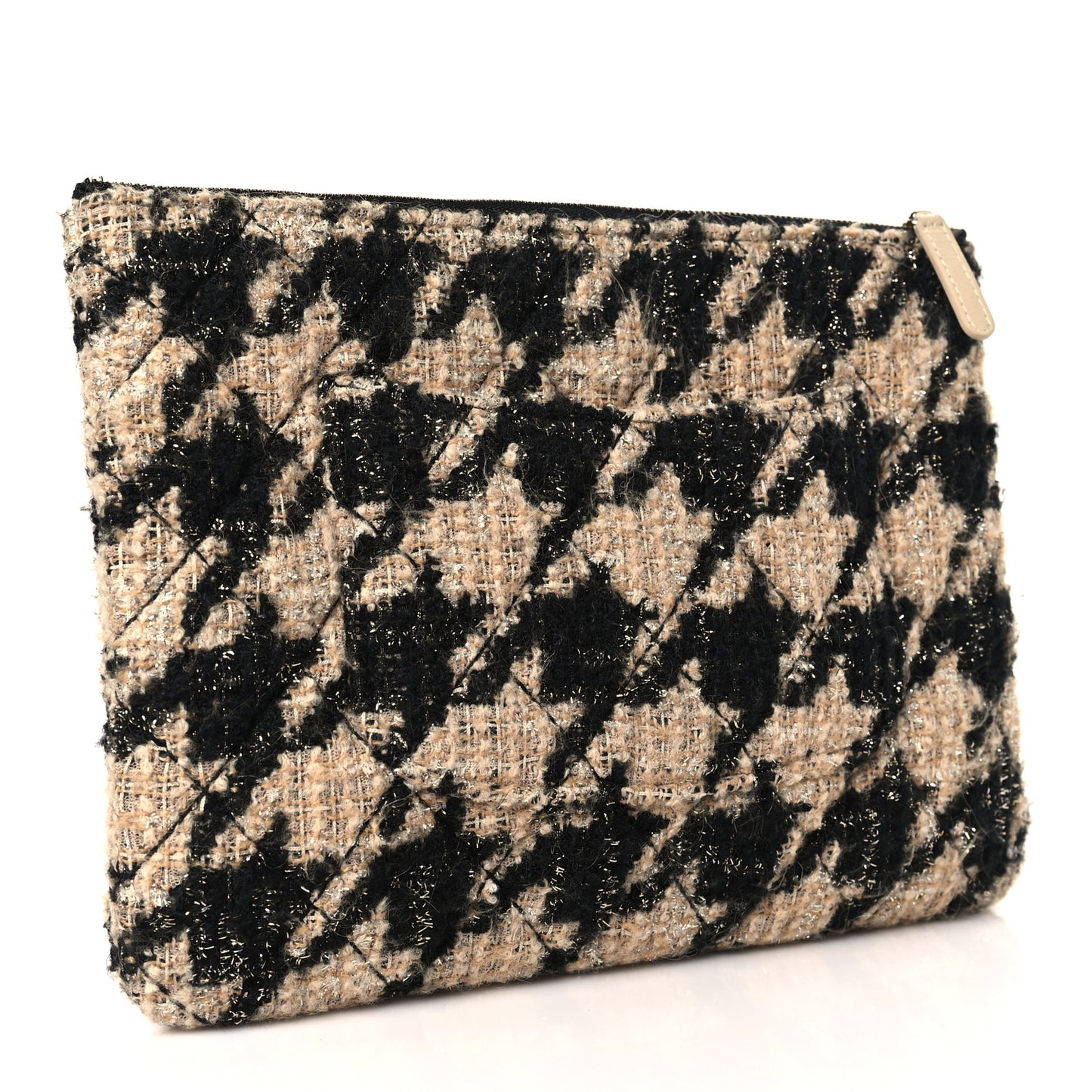 Tweed Shearling Quilted Chanel Cosmetic Pouch Beige Black