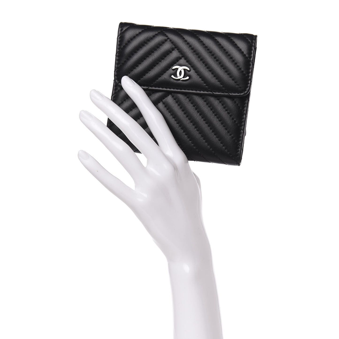 Lambskin Chevron Quilted Compact Flap Wallet Black