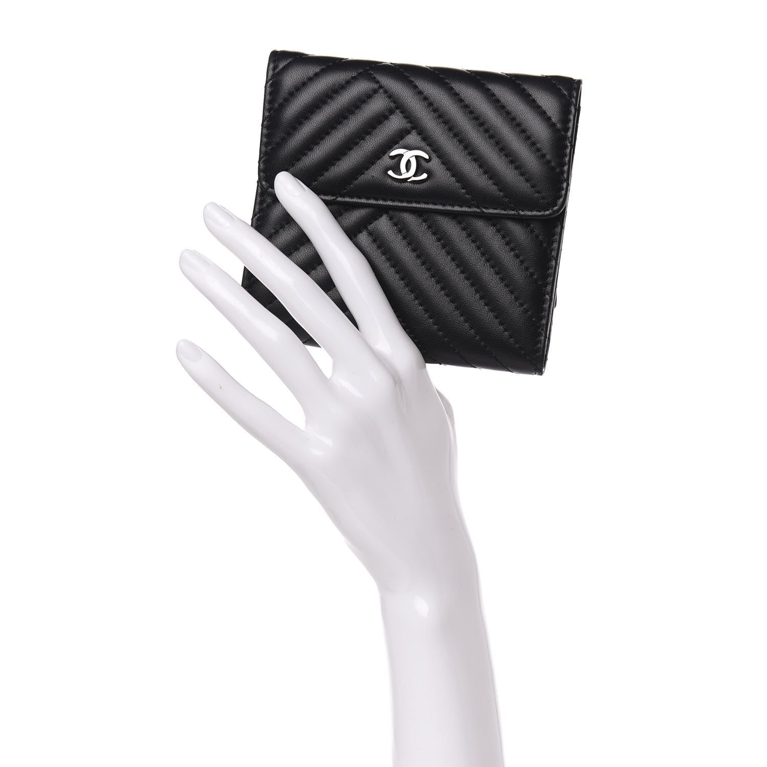 Chanel Lambskin Chevron Quilted Compact Flap Wallet Black 2 of 8