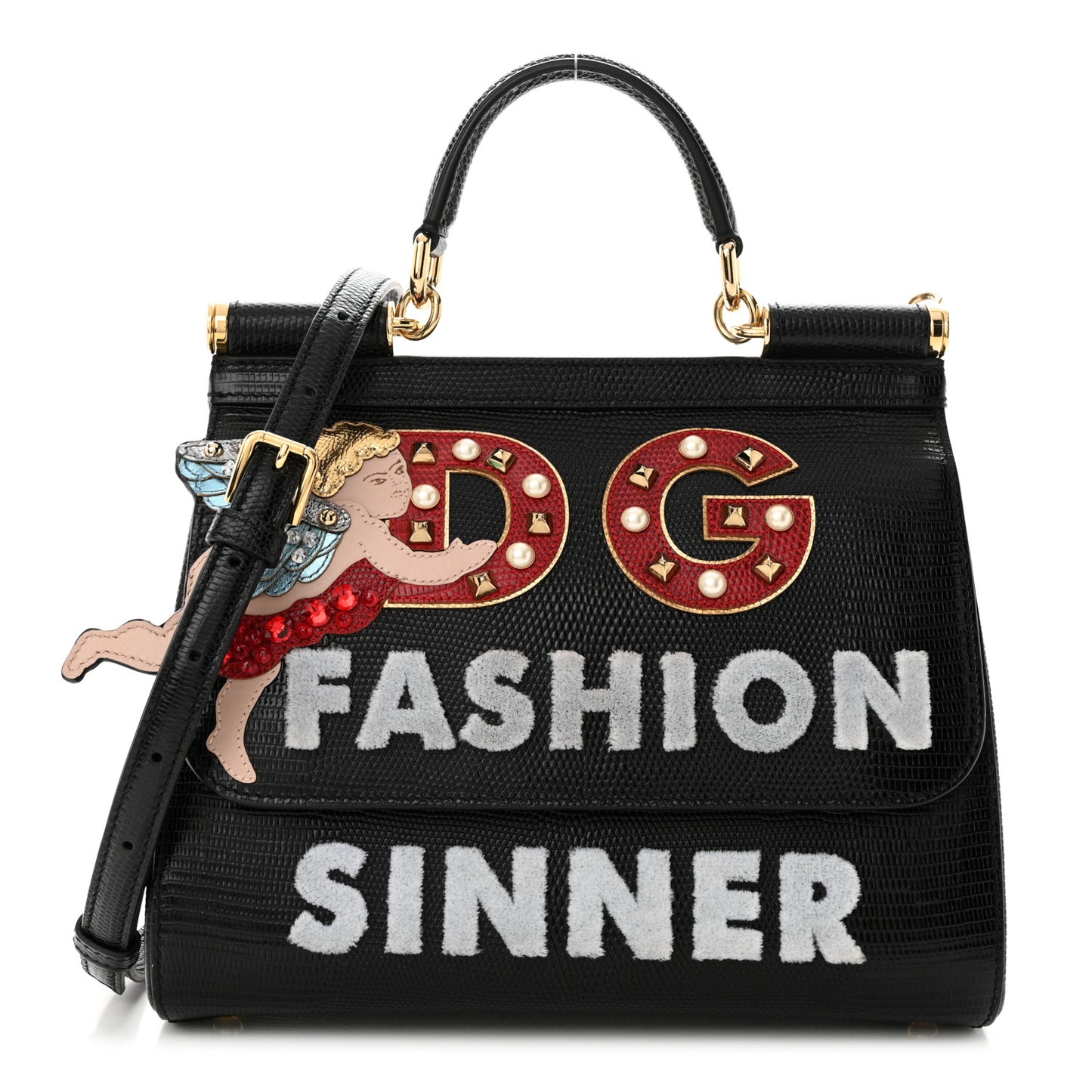 DOLCE & GABBANA Calfskin Iguana Embossed Studded Medium Fashion Sinner Patch Miss Sicily Satchel Black