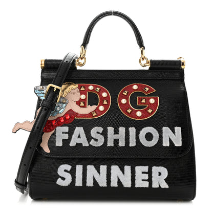 Dolce & Gabbana DOLCE & GABBANA Calfskin Iguana Embossed Studded Medium Fashion Sinner Patch Miss Sicily Satchel Black 1 of 10
