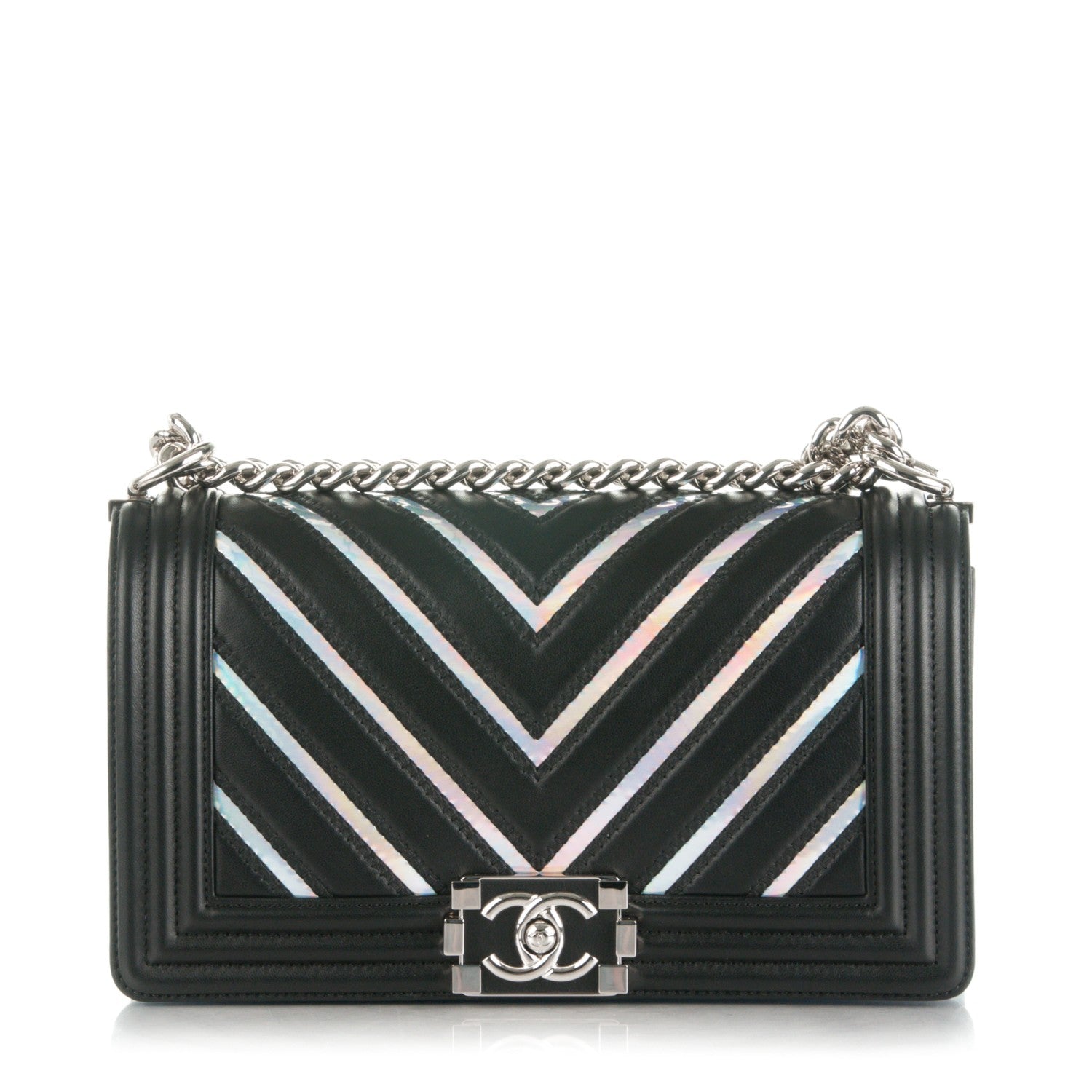 Chanel Lambskin Iridescent PVC Chevron Quilted Medium Boy Flap Black Silver 1 of 9