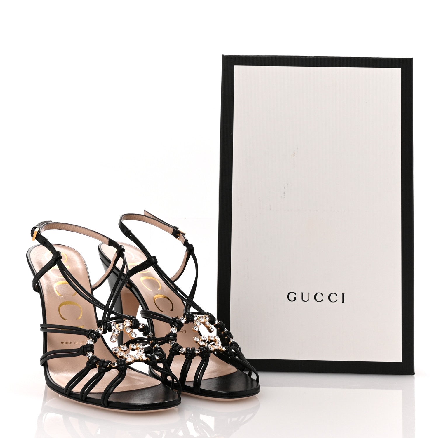 Gucci Calfskin Crystal GG Isa Ankle Strap Mid Heel Sandals 37.5 Black 9 of 9
