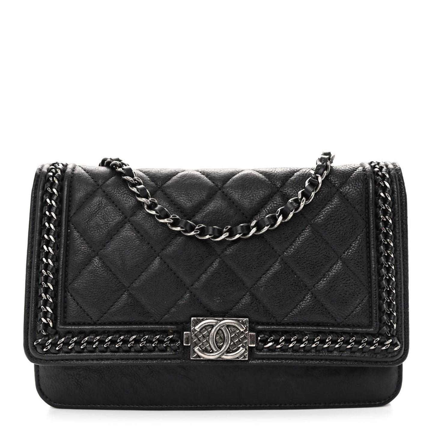 Calfskin Quilted Chain Around Boy Wallet On Chain WOC Black