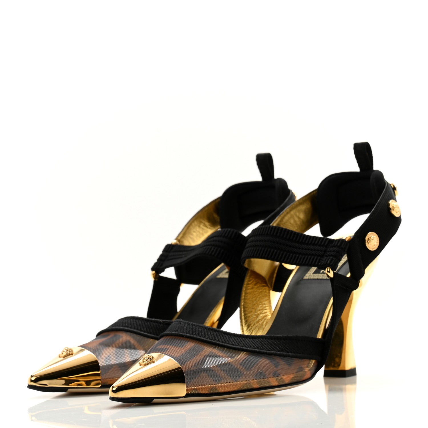 Fendi X VERSACE Technical Mesh FF Colibri 85mm Slingback Pumps 39 Tobacco Black 3 of 9