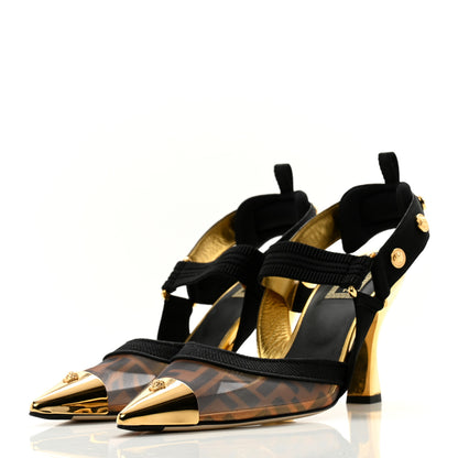 Fendi X VERSACE Technical Mesh FF Colibri 85mm Slingback Pumps 39 Tobacco Black 3 of 9