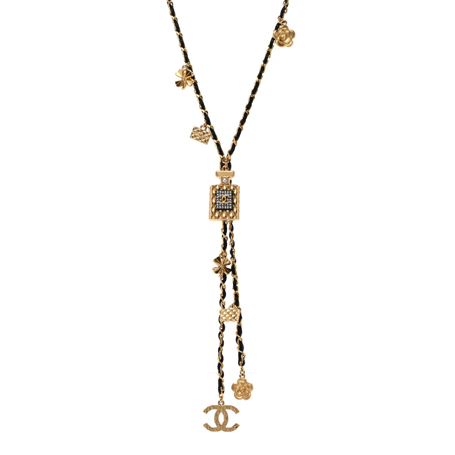 Chanel Calfskin Crystal Pearl Perfume Bottle CC Charm Necklace Black Gold 1 of 4