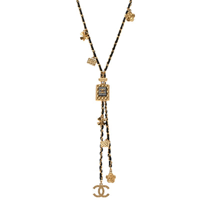 Chanel Calfskin Crystal Pearl Perfume Bottle CC Charm Necklace Black Gold 1 of 4