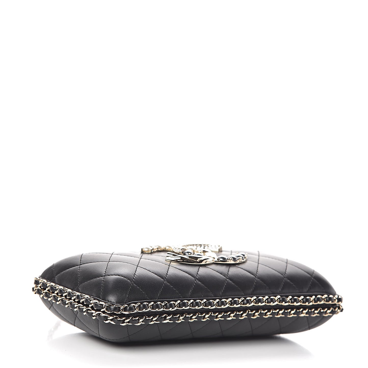 Lambskin Quilted Pearl Crystal Chain Around Clutch Black