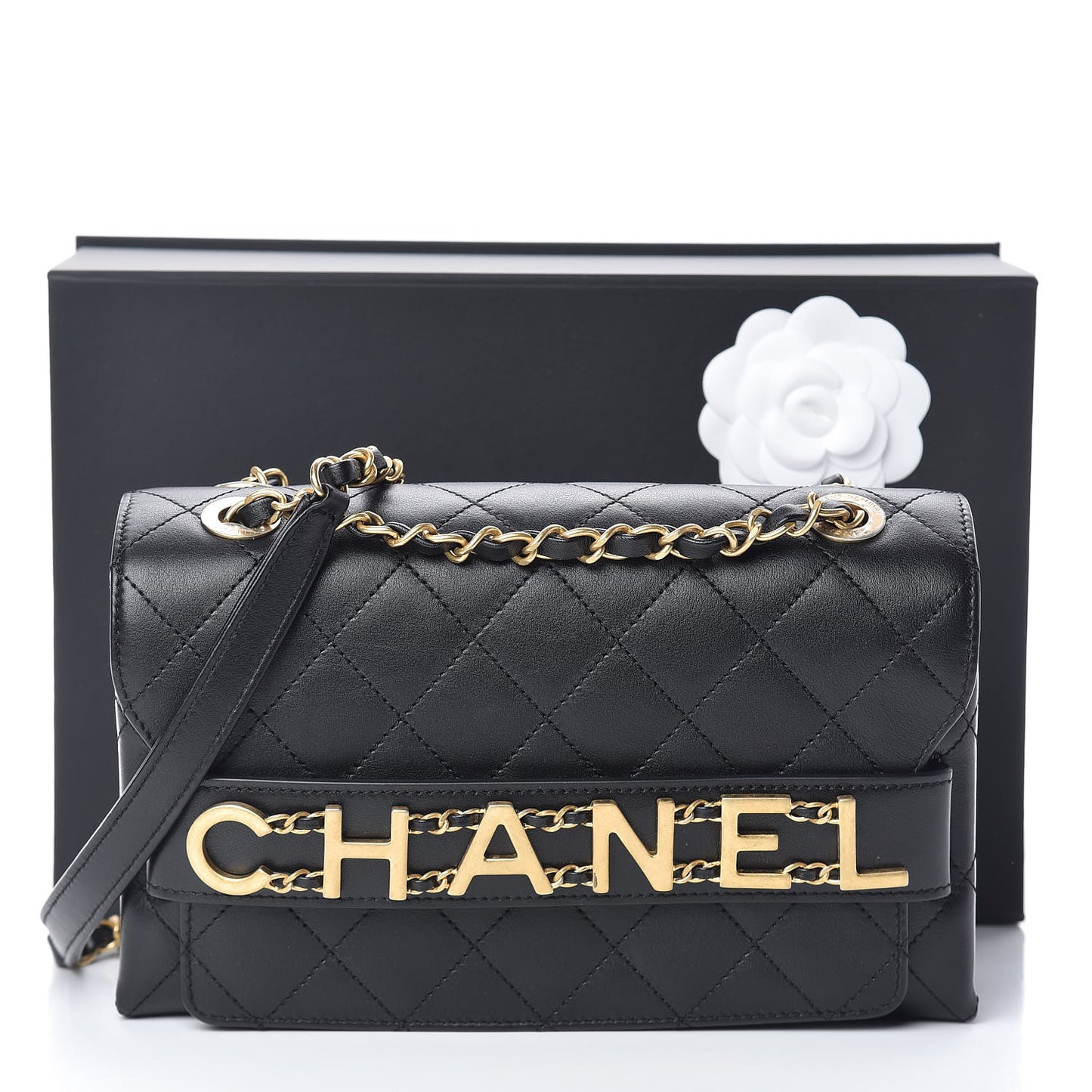 Calfskin Quilted Enchained Flap Black