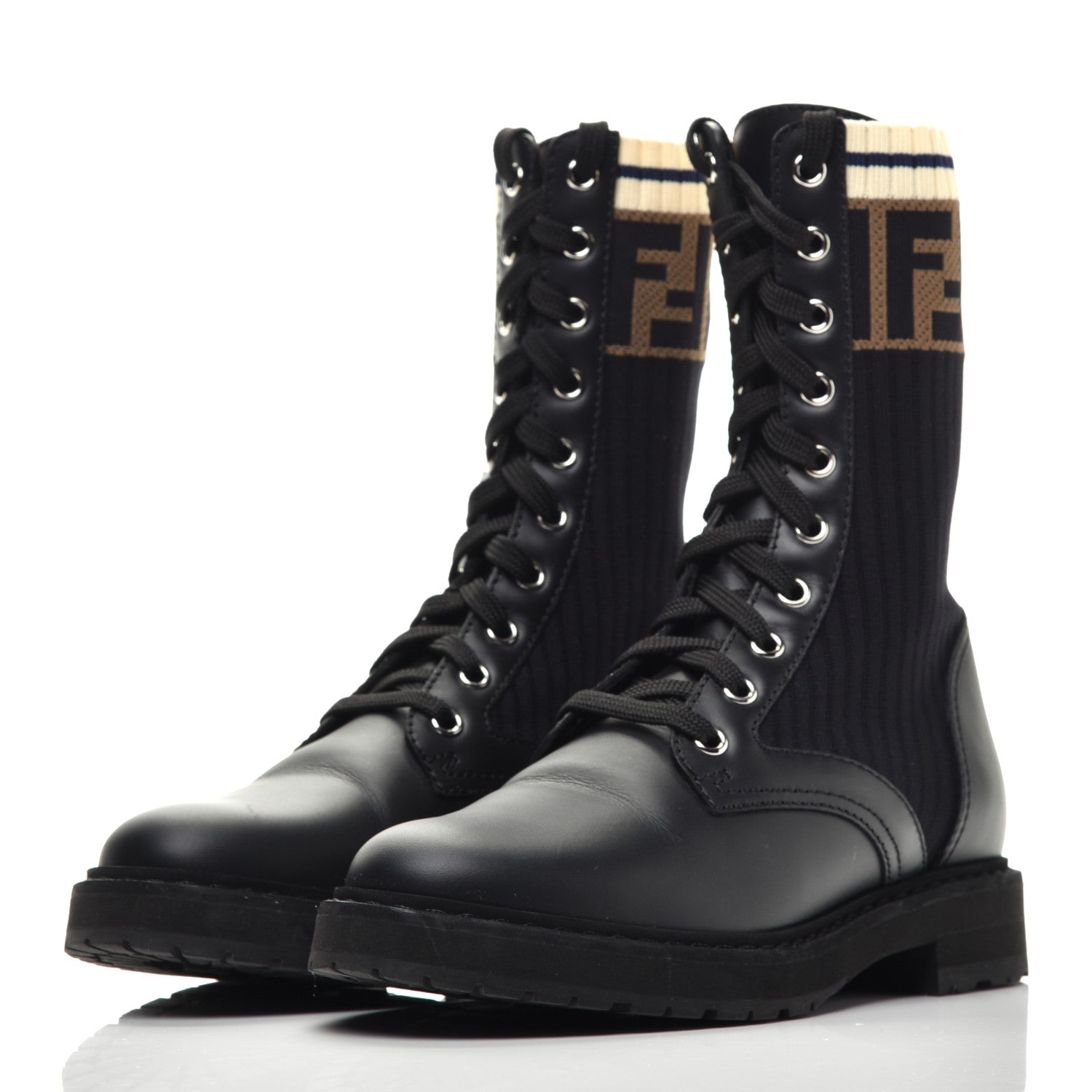 Fendi Calfskin Stretch Fabric Rockoko Biker Boots 35.5 Tobacco Black Marino 3 of 8