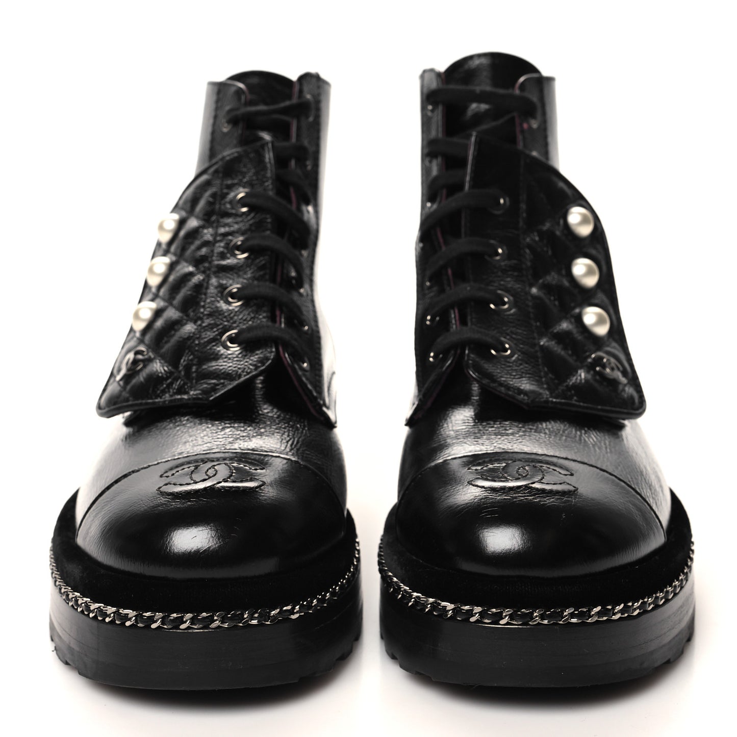 Crackled Calfskin Velvet Pearl Combat Short Boots 39 Black