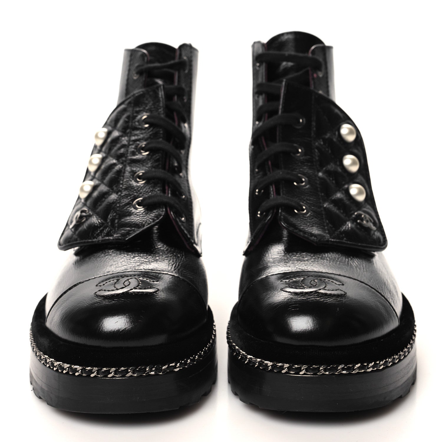 Chanel Crackled Calfskin Velvet Pearl Combat Short Boots 39 Black 2 of 8