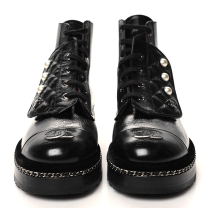 Chanel Crackled Calfskin Velvet Pearl Combat Short Boots 39 Black 2 of 8