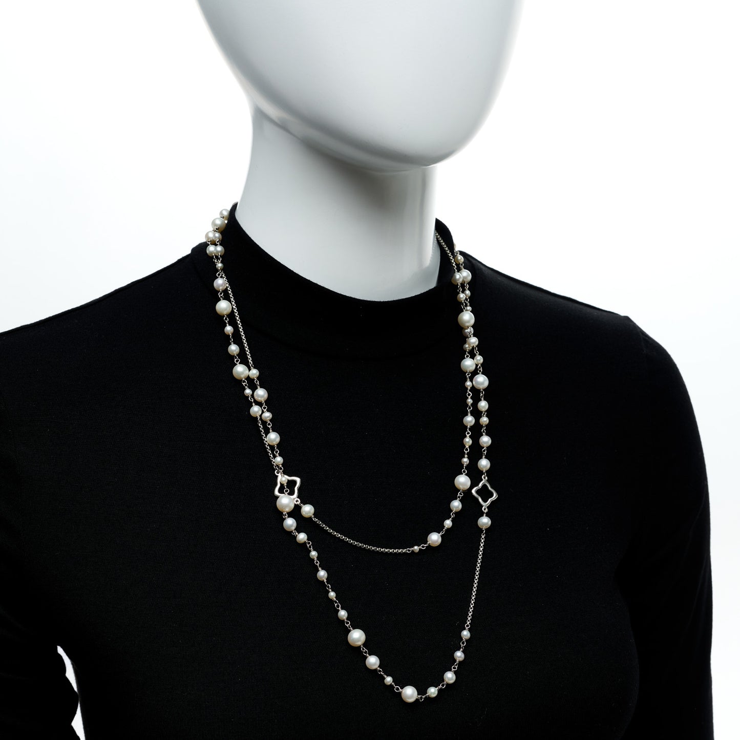 Sterling Silver Cultured Pearl Quatrefoil Long Chain Necklace