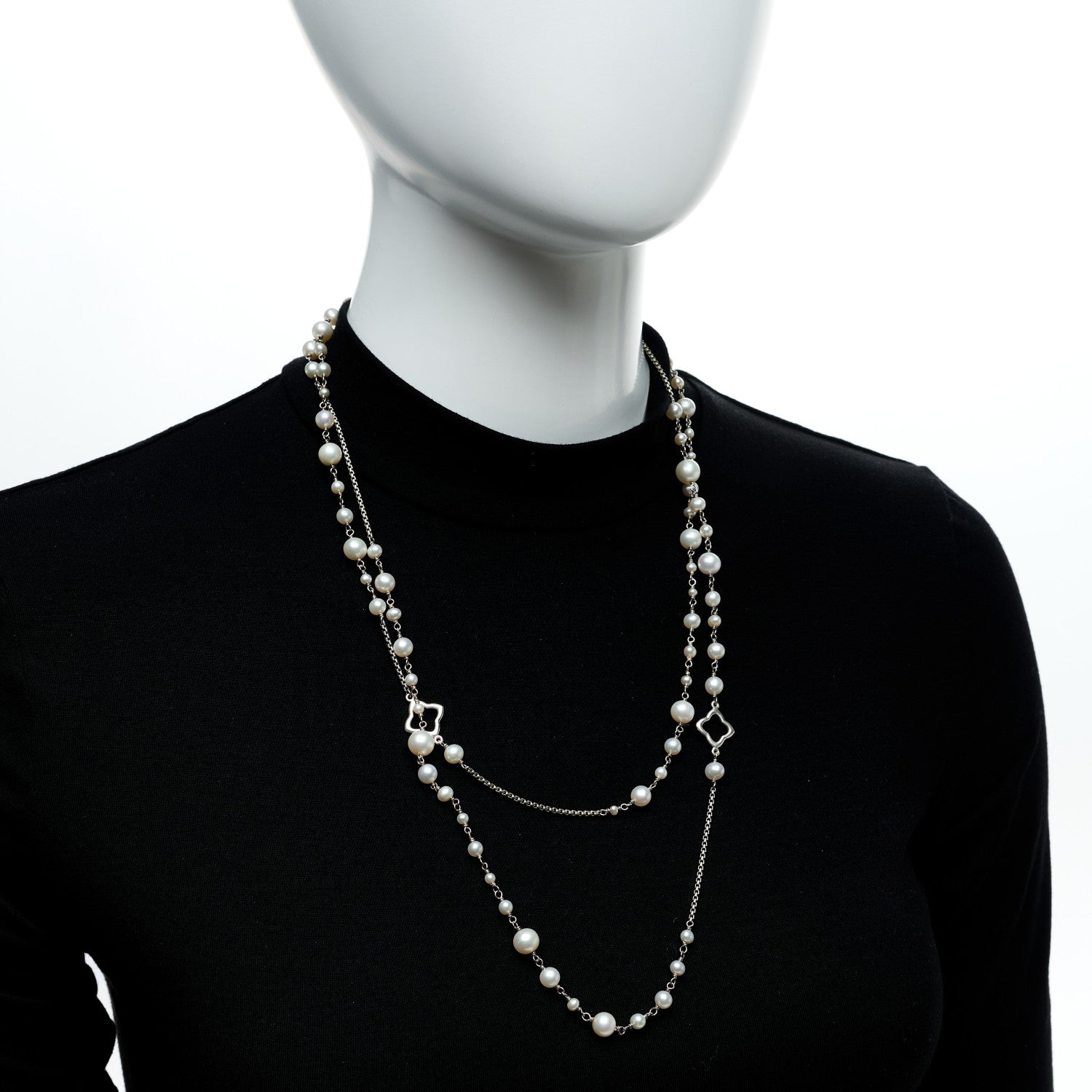 David Yurman Sterling Silver Cultured Pearl Quatrefoil Long Chain Necklace 5 of 5