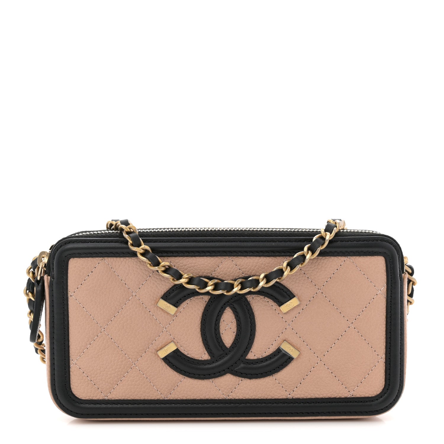 Chanel Caviar Quilted CC Filigree Clutch With Chain Beige Black 1 of 12