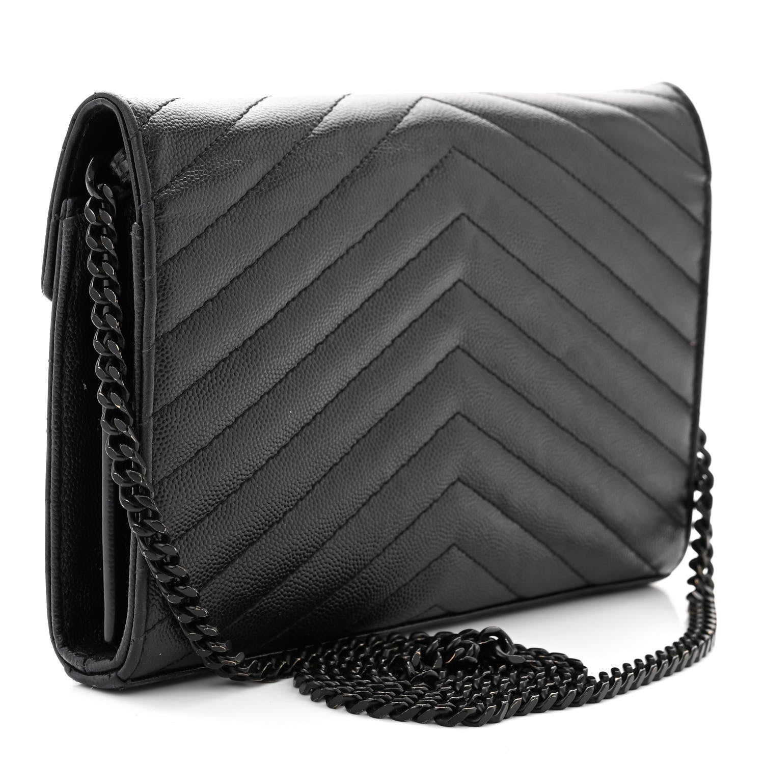 Saint Laurent Grain De Poudre Matelasse Chevron Monogram Monochrome Chain Wallet Black 3 of 16