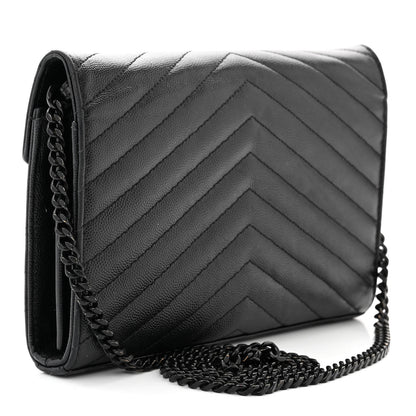 Saint Laurent Grain De Poudre Matelasse Chevron Monogram Monochrome Chain Wallet Black 3 of 16