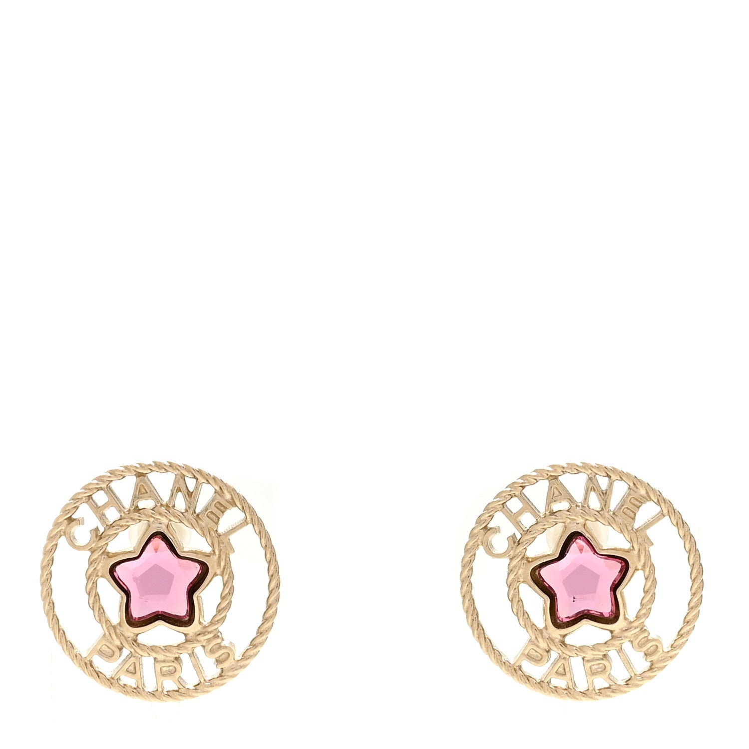 Chanel Metal Crystal CC Star Round Stud Earrings Gold Pink 1 of 5