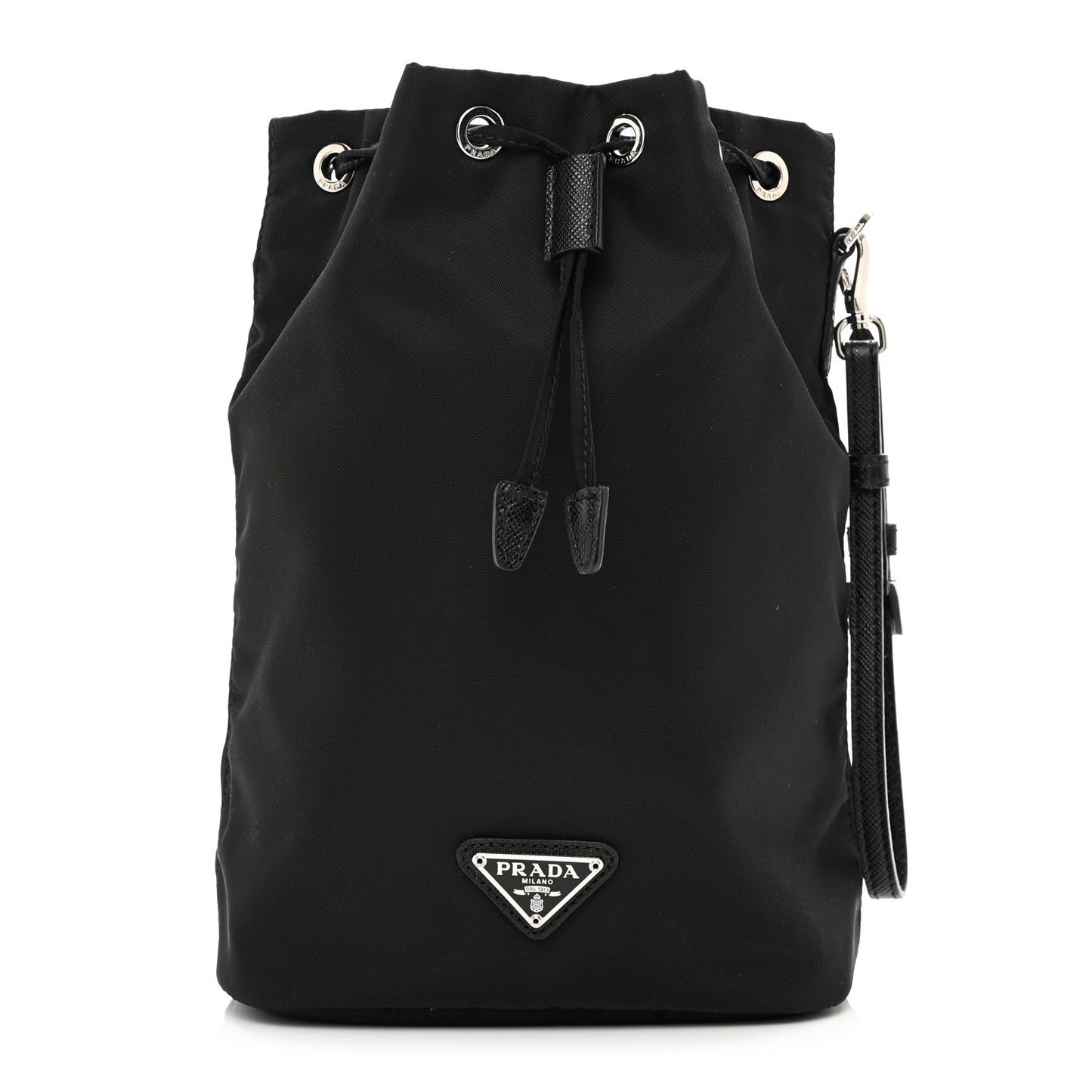 Saffiano Tessuto Nylon Vela Bucket Wristlet Black