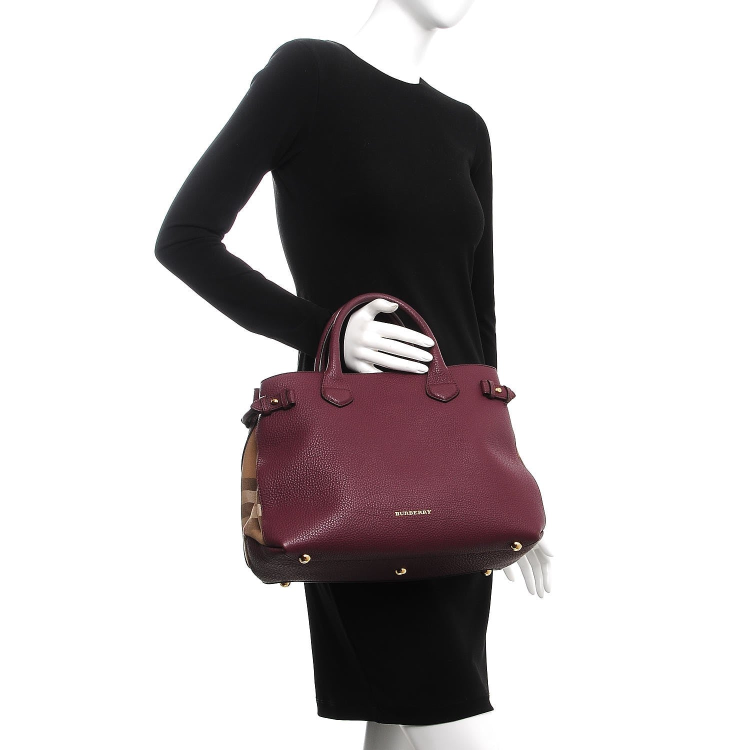 Burberry Grainy Calfskin House Check Medium Banner Tote Mahogany Red 3 of 9