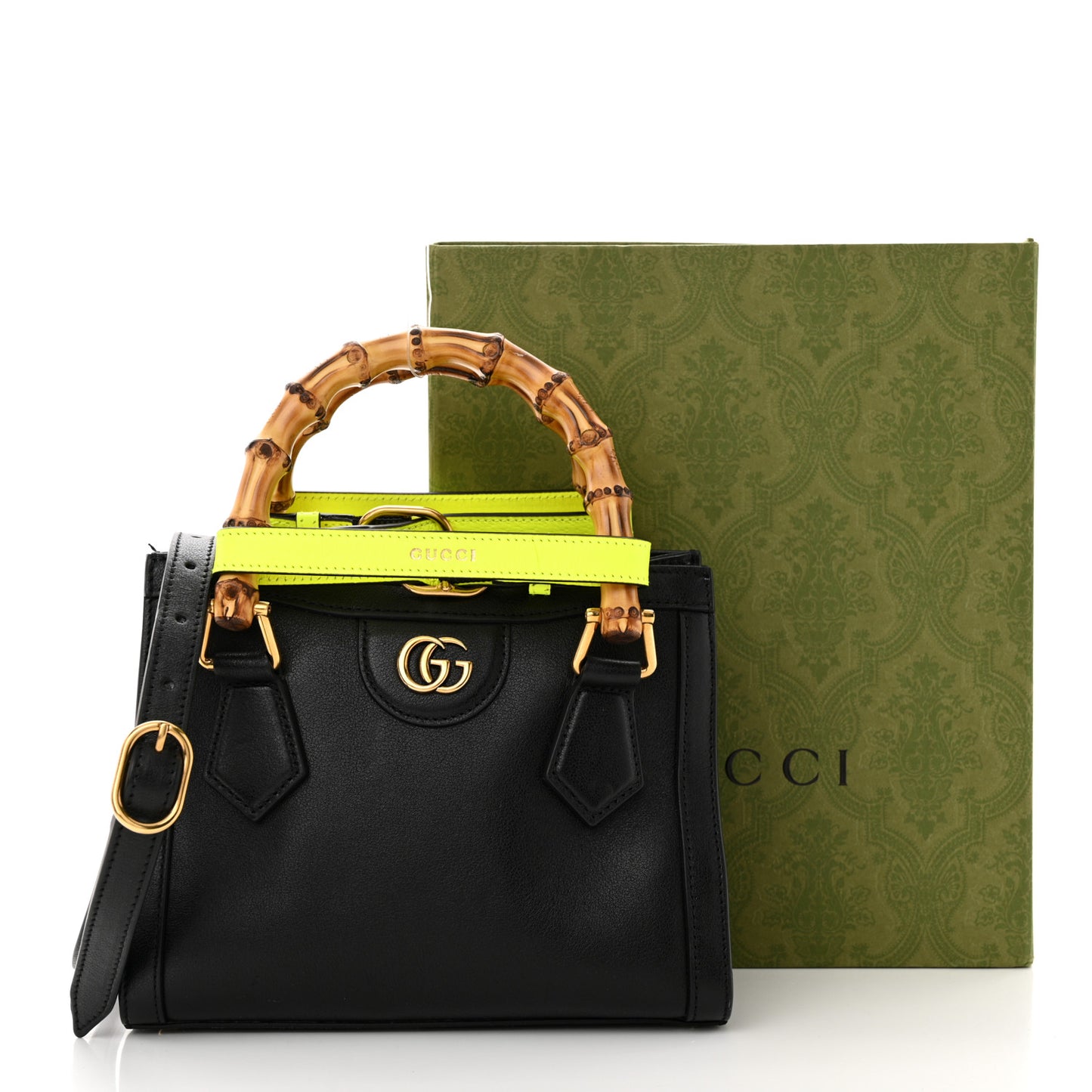 Wonka Grain Calfskin Mini Diana Tote Bag Black Yellow Fluo