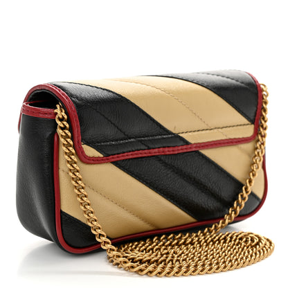 Gucci Vintage Effect Calfskin Matelasse Diagonal Striped Super Mini Torchon GG Marmont Shoulder Bag Black Beige 3 of 10