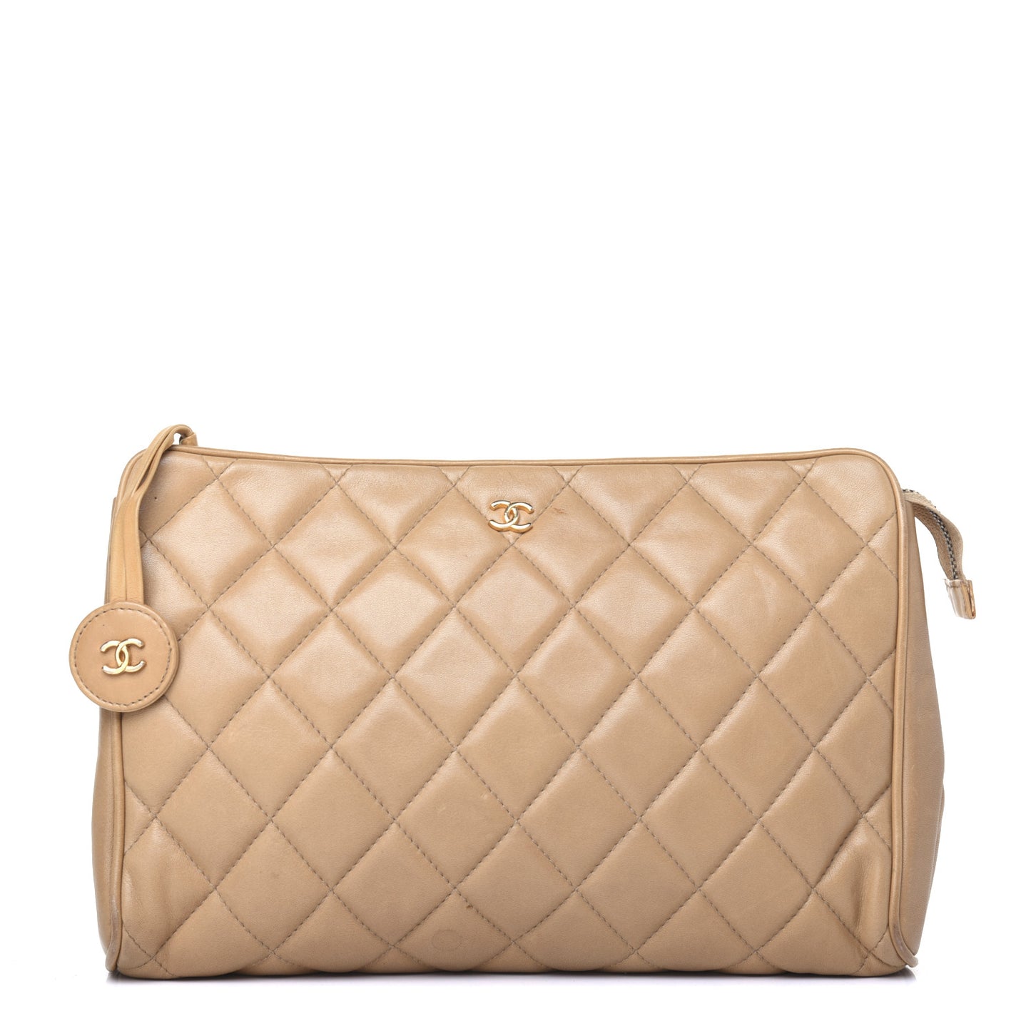 Lambskin Quilted Cosmetic Zip Pouch Beige