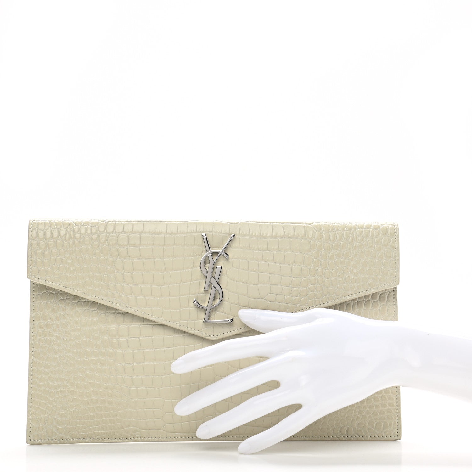Saint Laurent Calfskin Crocodile Embossed Uptown Monogram Pouch Crema Soft 2 of 9