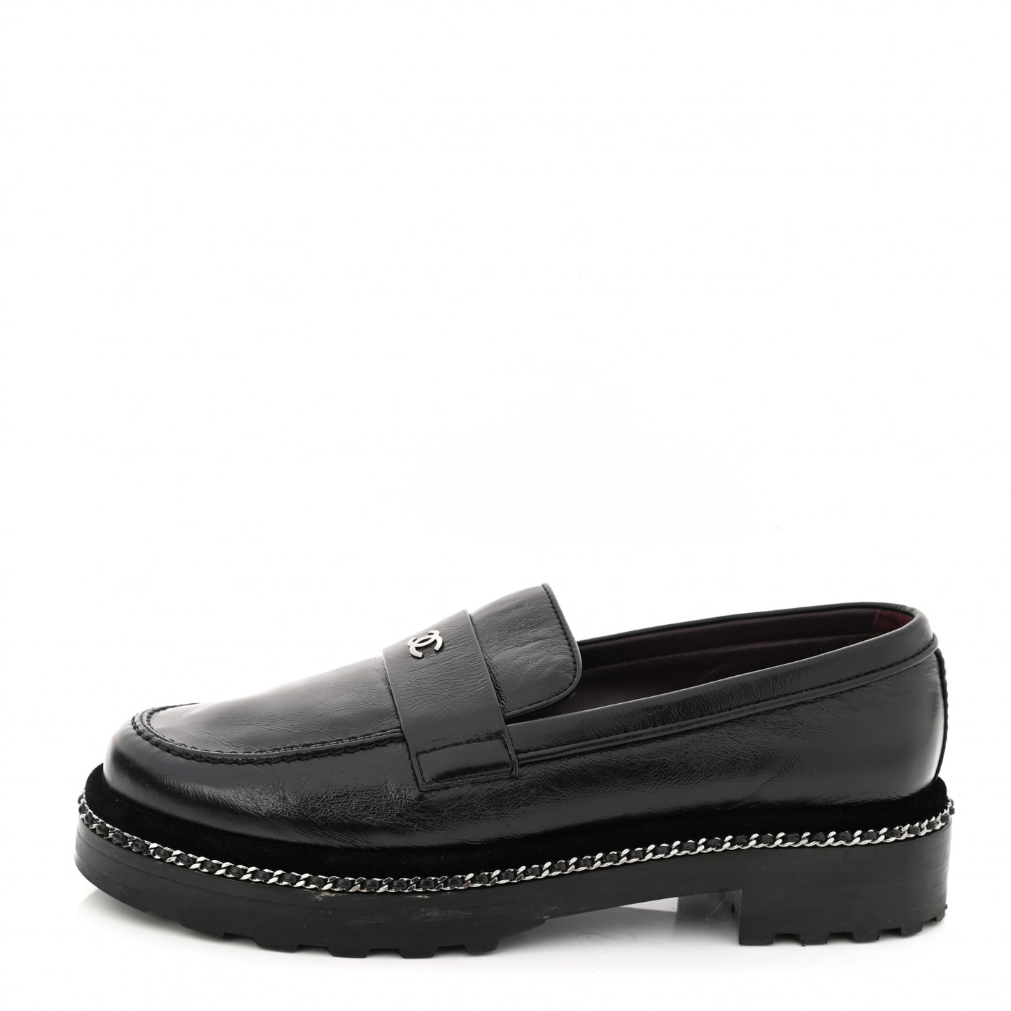 Crinkled Calfskin Velvet CC Chain Mocassin Loafers 38.5 Black