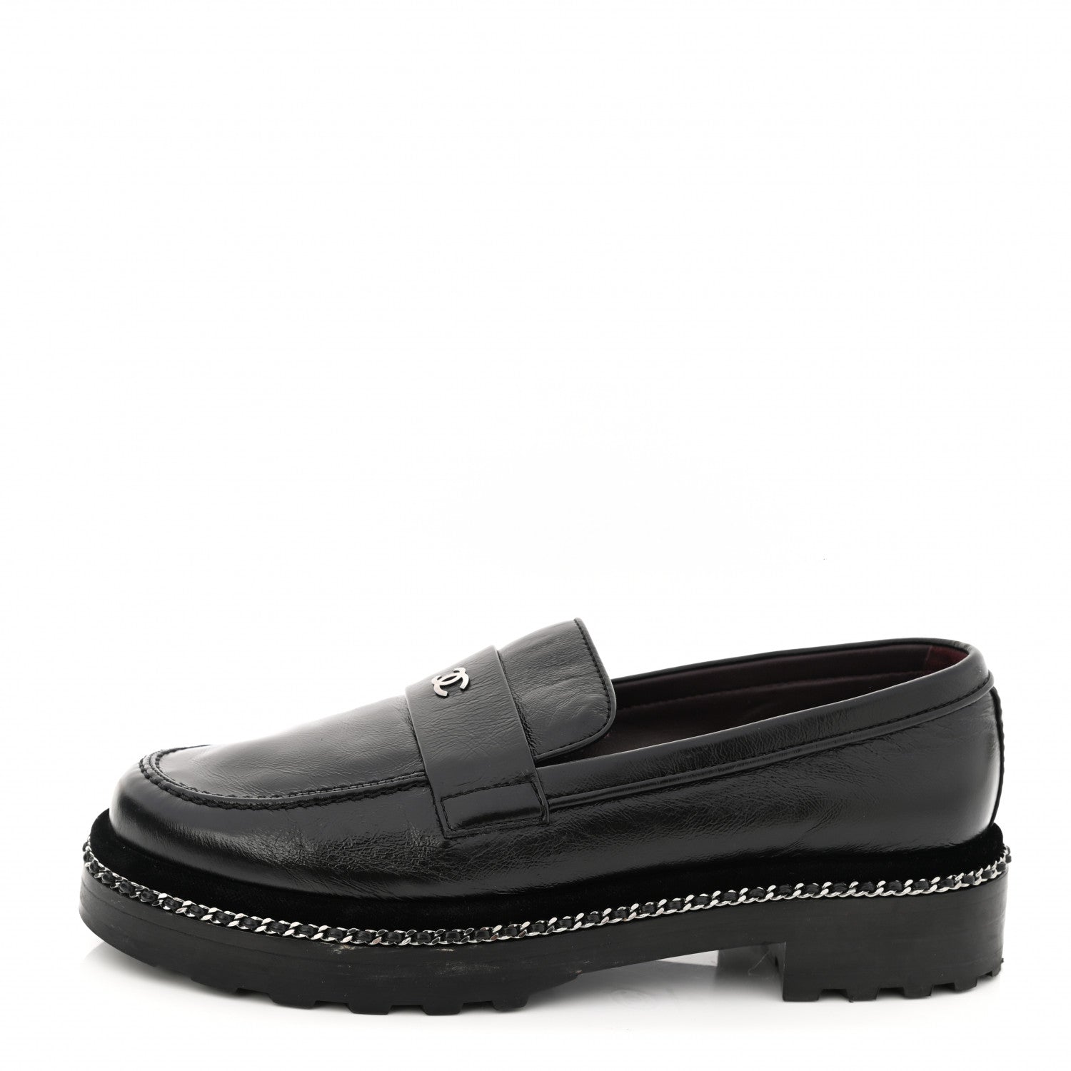 Chanel Crinkled Calfskin Velvet CC Chain Mocassin Loafers 38.5 Black 1 of 10