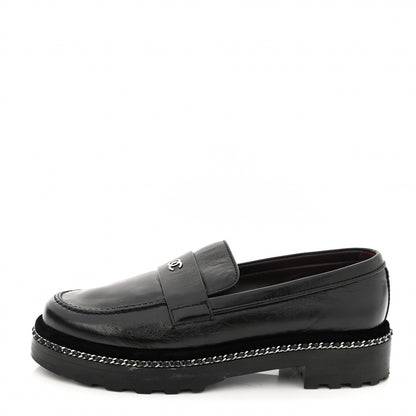 Chanel Crinkled Calfskin Velvet CC Chain Mocassin Loafers 38.5 Black 1 of 10