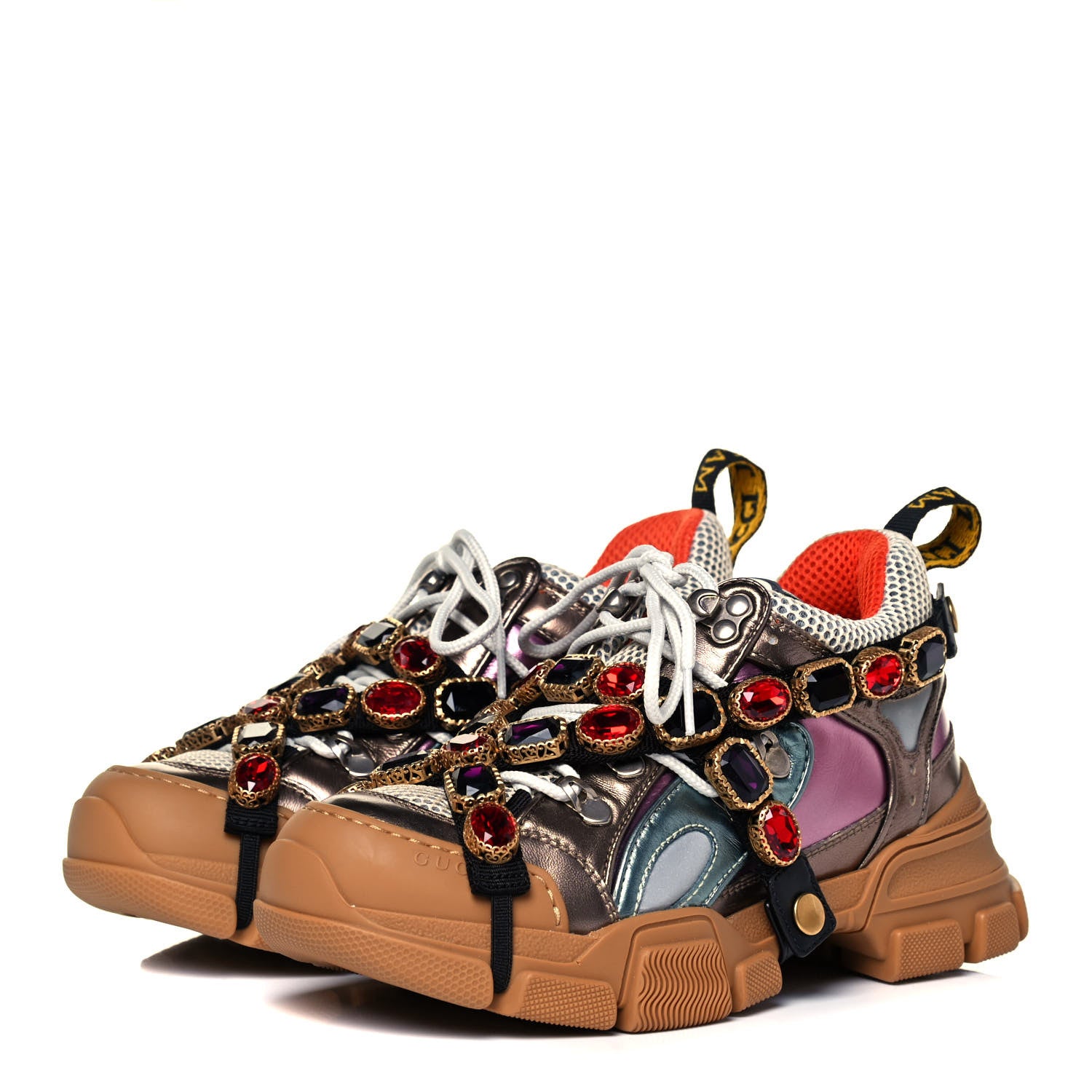 Gucci X SEGA Metallic Calfskin Mesh Removable Crystals Womens Flashtrek Sneakers 36 Rame Mystic White Lago 3 of 7