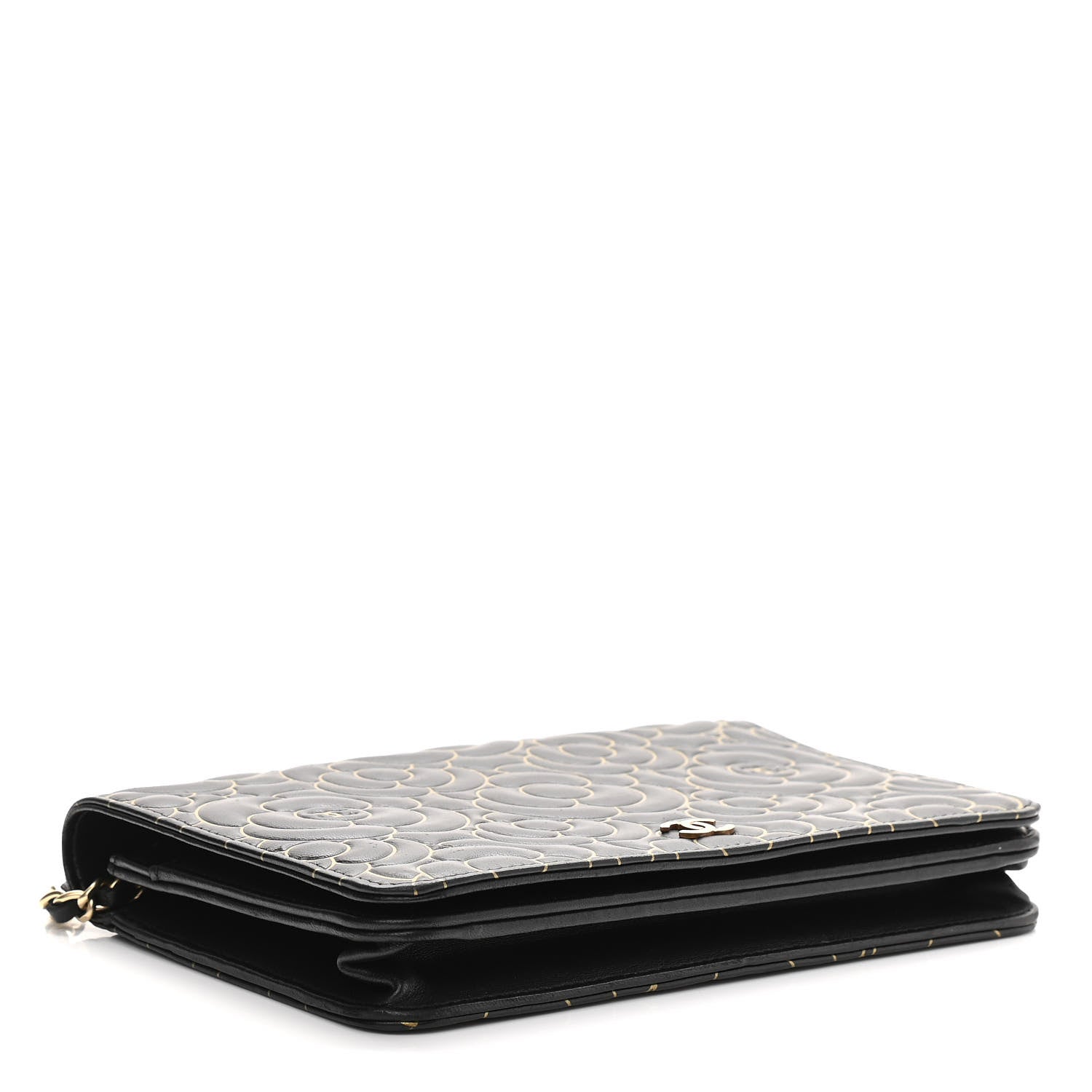 Chanel Lambskin Camellia Embossed Wallet On Chain WOC Black Gold 3 of 13