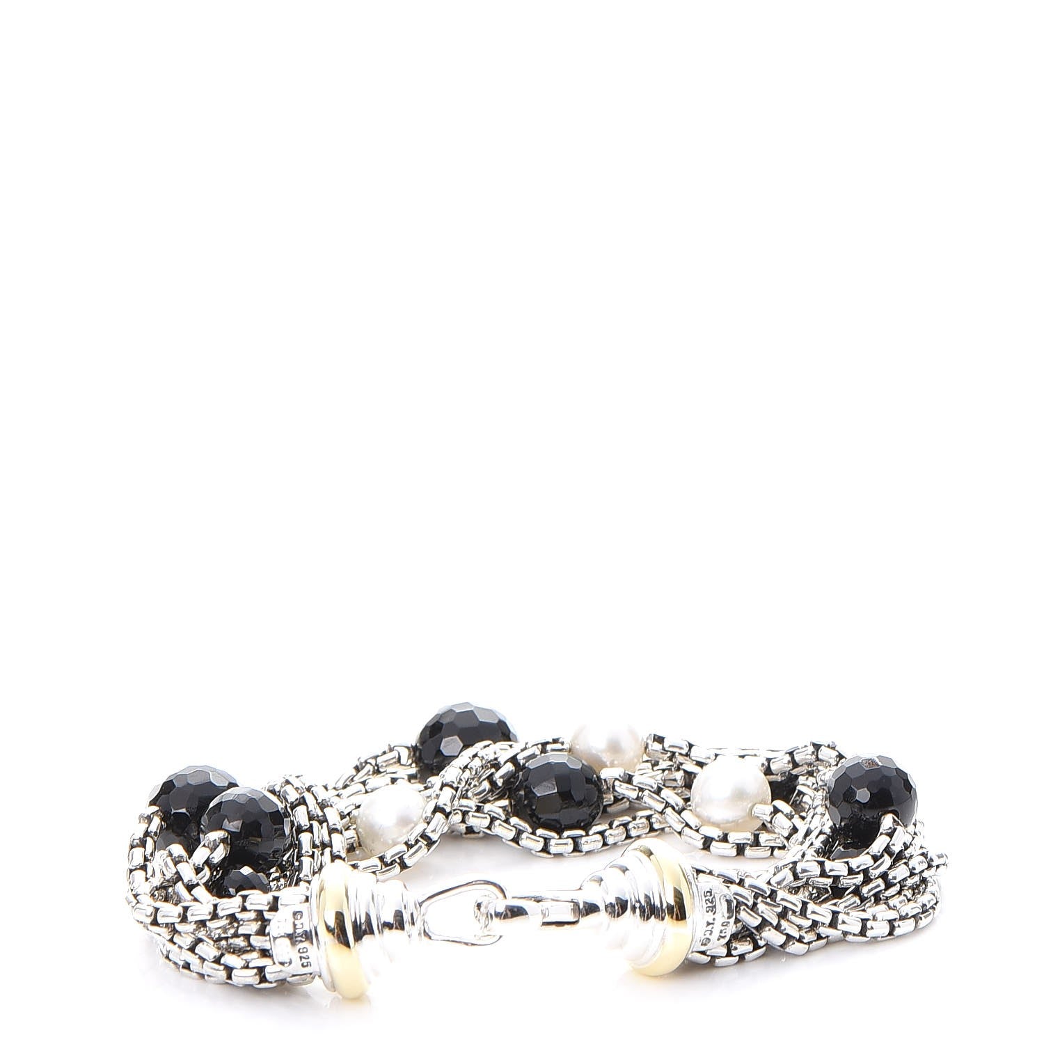 David Yurman Sterling Silver 18K Yellow Gold Pearl Onyx Multi Strand Box Chain Bracelet 3 of 5